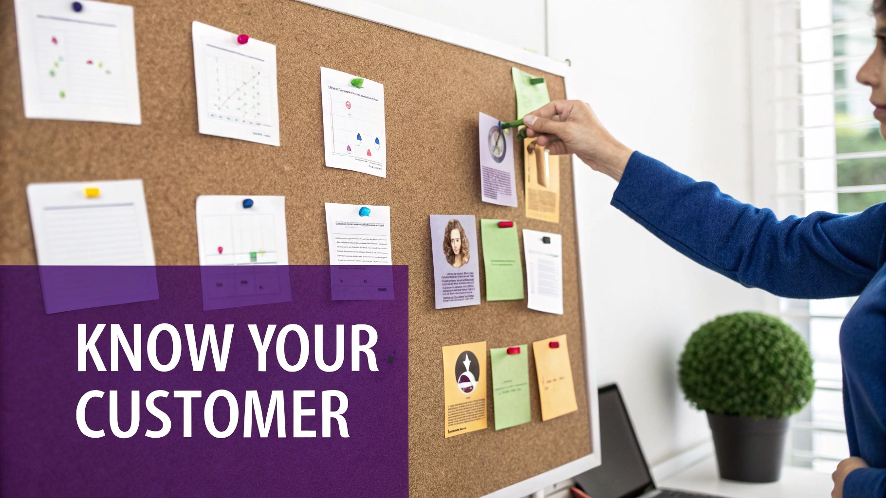 A person pins customer profile documents and charts on a cork board, emphasizing 'Know Your Customer' strategy.