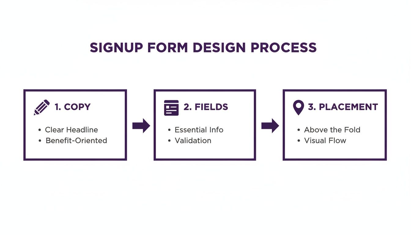 A three-step diagram outlining the signup form design process: Copy, Fields, and Placement.