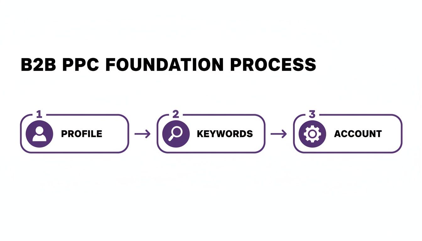 A B2B PPC foundation process flow diagram with three steps: profile, keywords, and account.