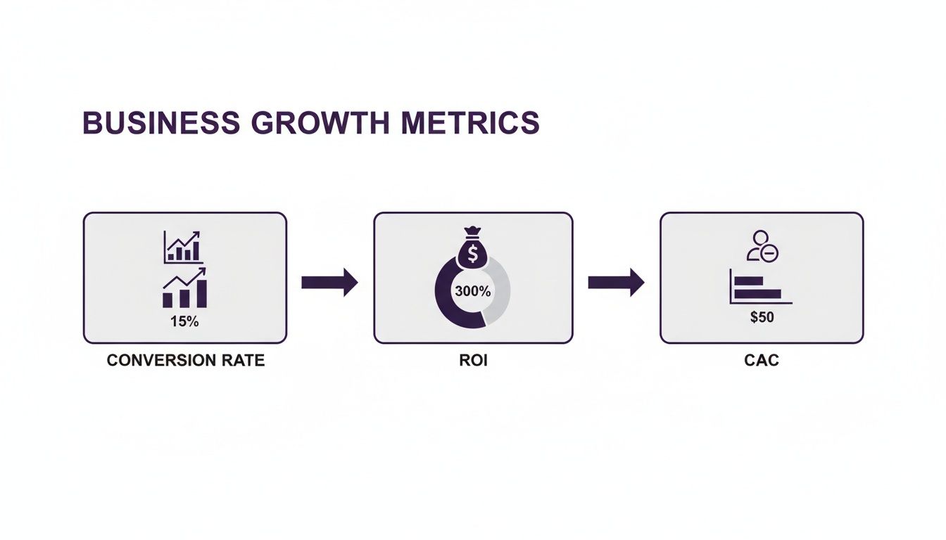 An infographic displaying business growth metrics: 15% conversion rate, 300% ROI, and $50 CAC.