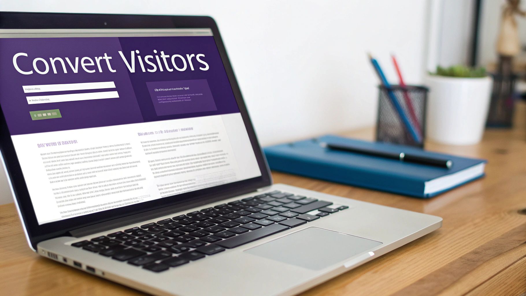 A laptop displaying a webpage with 'Convert Visitors' on a wooden desk in an office setting.