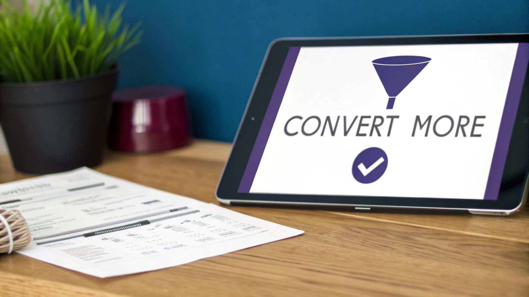 Tablet showing 'Convert More' with a funnel and checkmark, on a desk with papers and a plant.