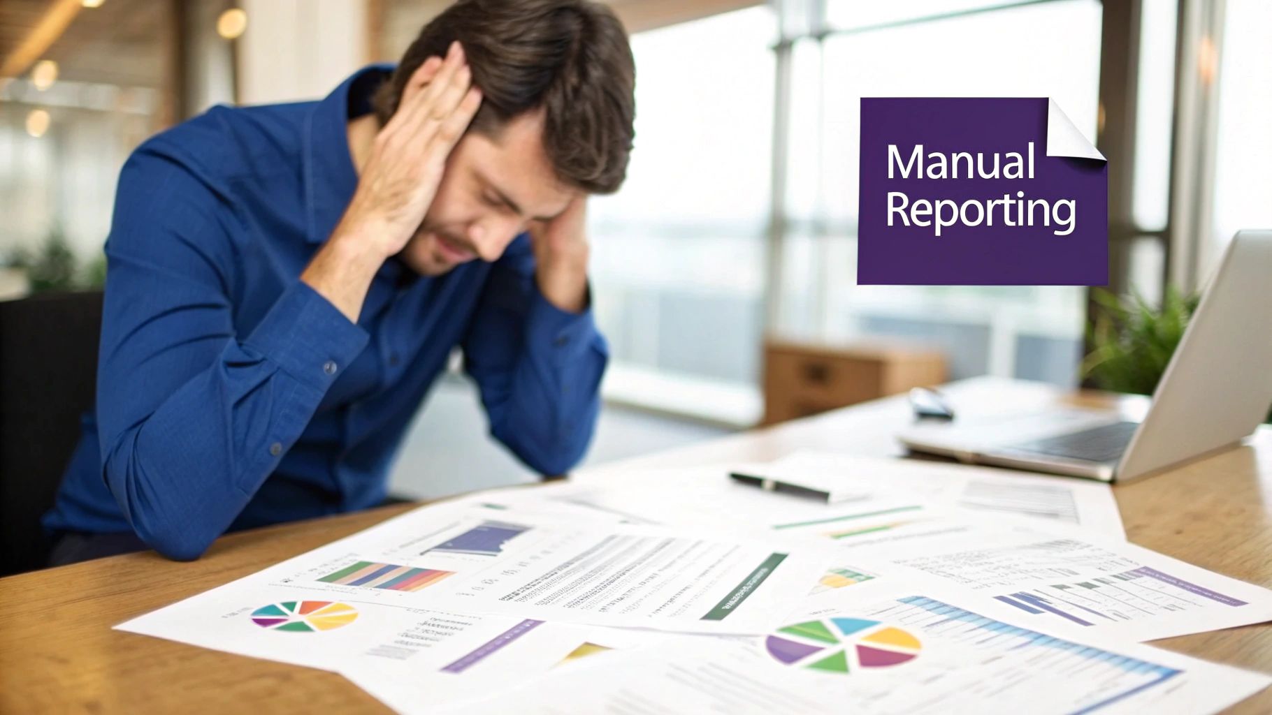 A person looking stressed while working on a laptop with charts and graphs, representing the frustration of manual reporting.
