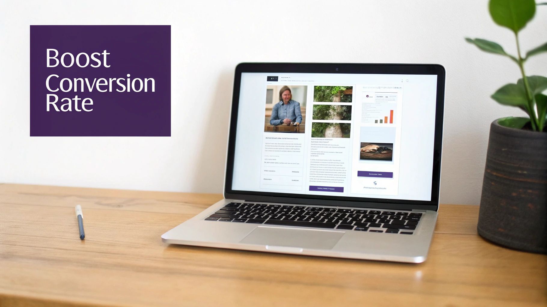 A laptop on a wooden desk displays a website, next to a sign that reads 'Boost Conversion Rate'.