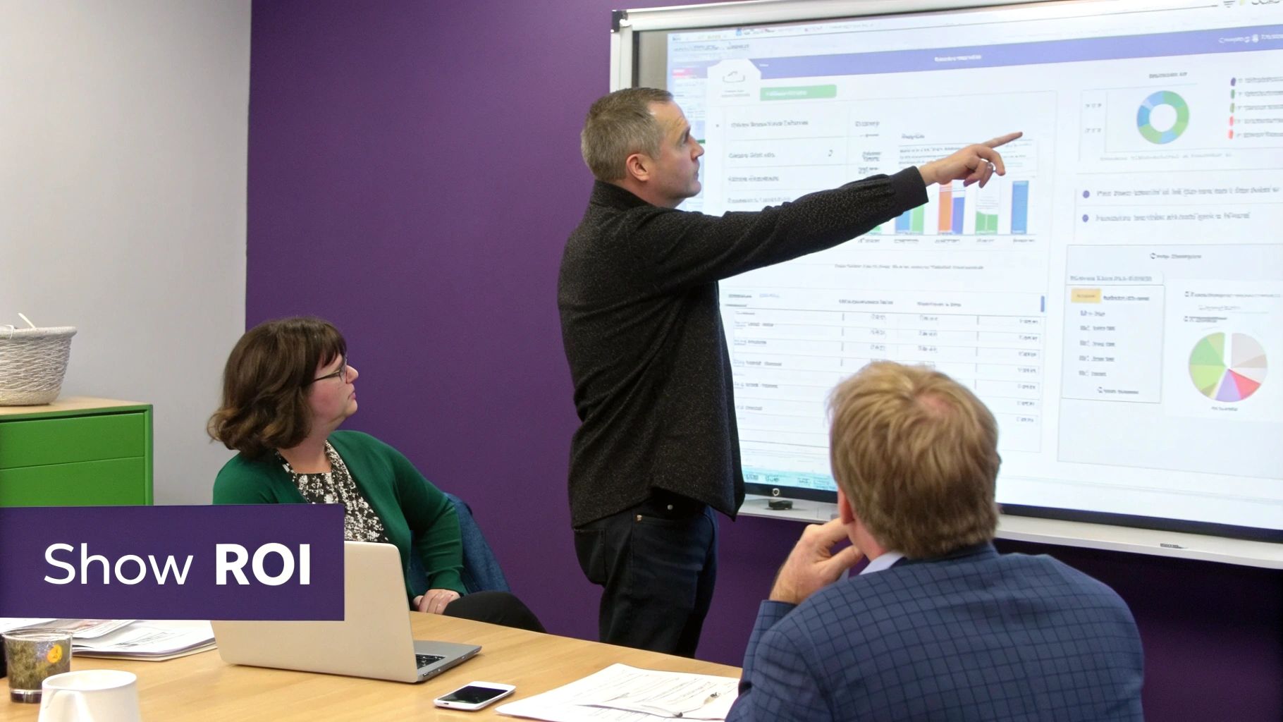 A person presenting a compelling data story using charts on a large screen to an engaged audience.