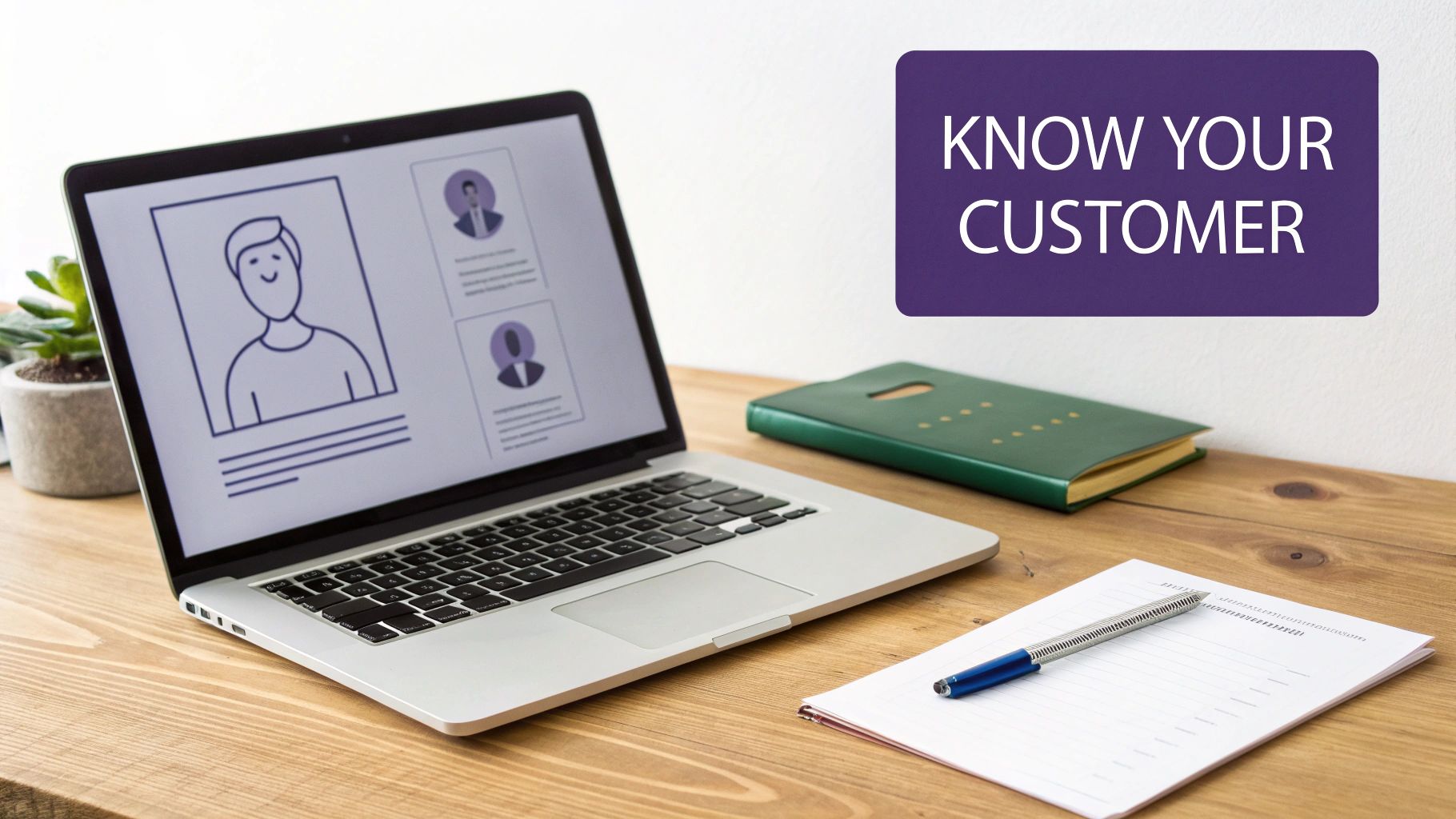 A laptop displays customer profiles with cartoon avatars on a wooden desk with a notepad and pen. A purple overlay states 'Know Your Customer'.