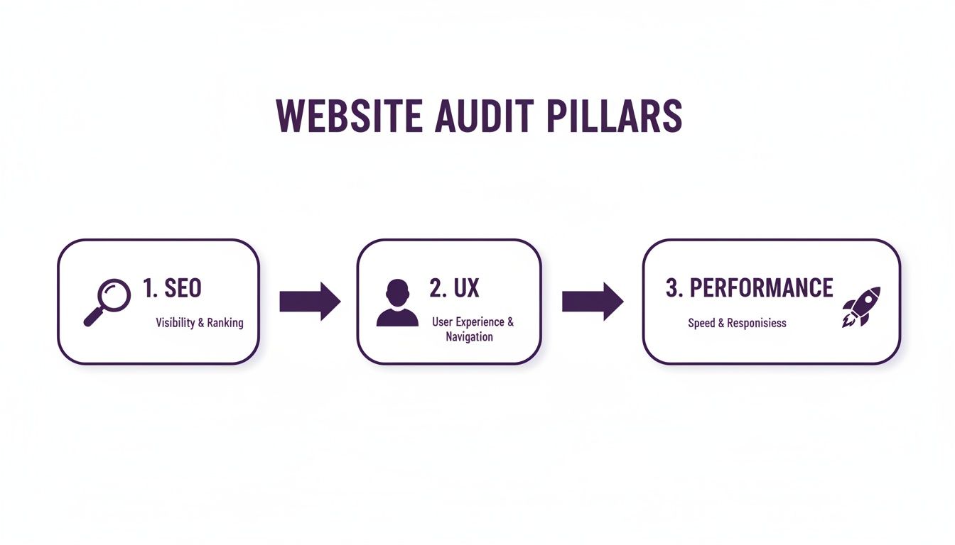 Infographic showing the three essential pillars of a website audit: SEO, UX, and Performance, with icons.