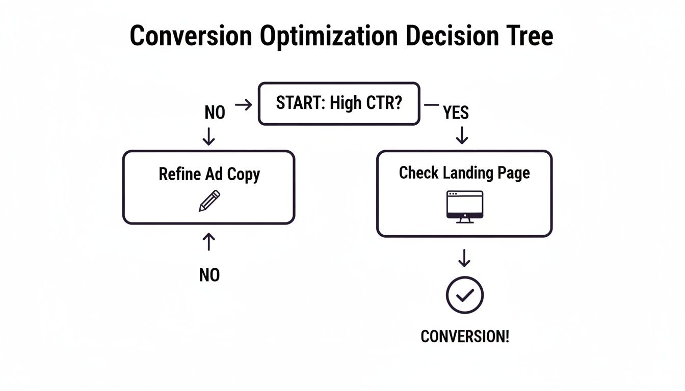 Flowchart showing a conversion optimization decision tree: check CTR, then refine ad copy or optimize the landing page for conversion.