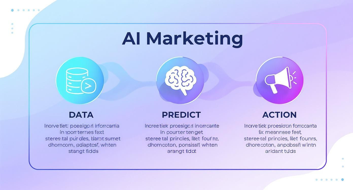 AI Marketing process flow with data, predict, and action steps for strategic marketing insights.