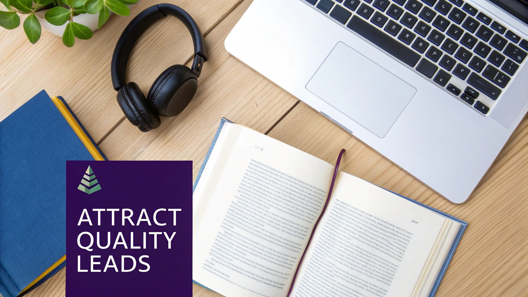 Overhead workspace flat lay with laptop, headphones, books, and 'ATTRACT QUALITY LEADS' text overlay.