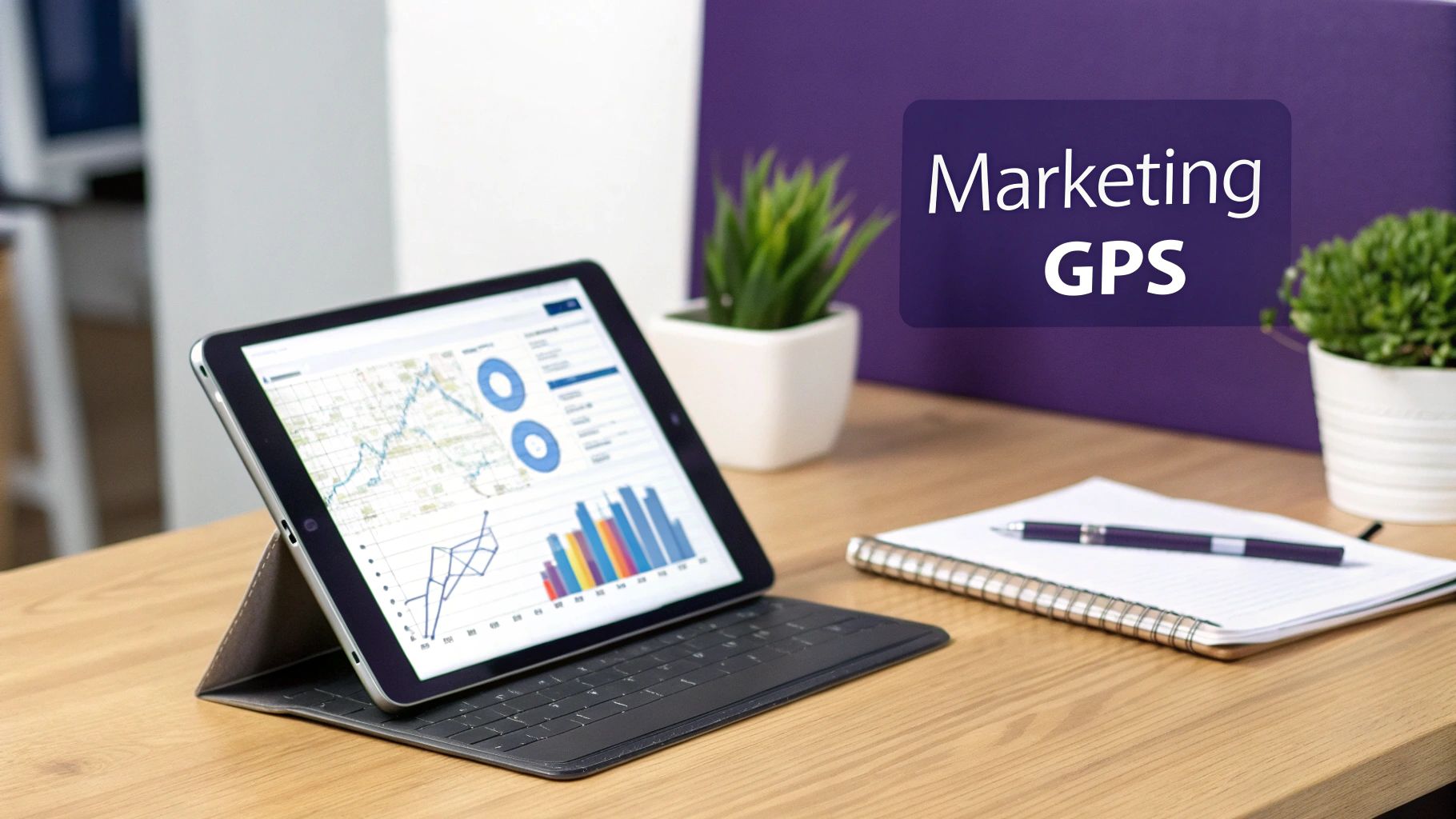A tablet on a desk displays marketing analytics charts, graphs, and data, with 'Marketing GPS' text.
