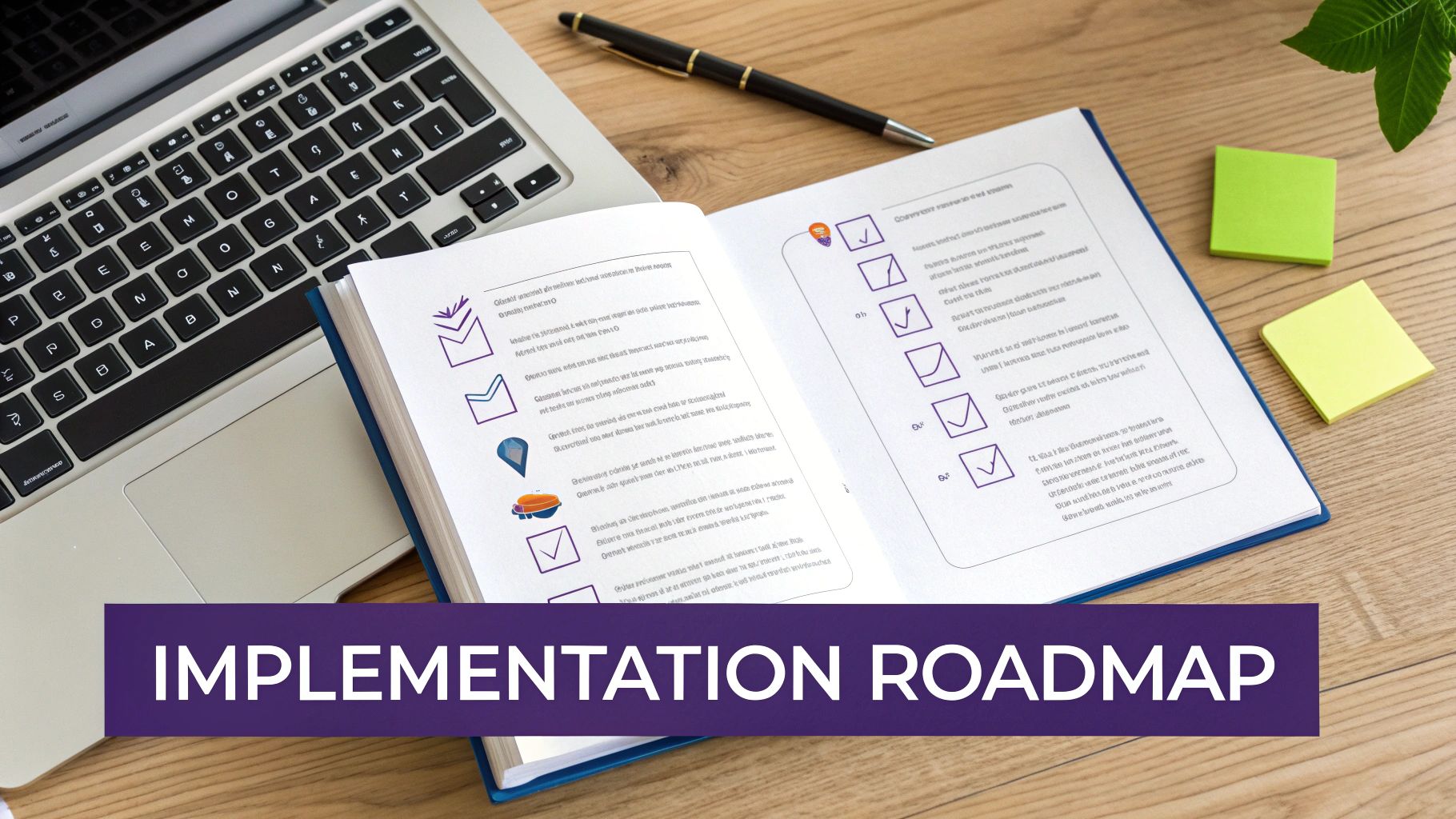 An open notebook displays an 'Implementation Roadmap' on a wooden desk with a laptop and pen.