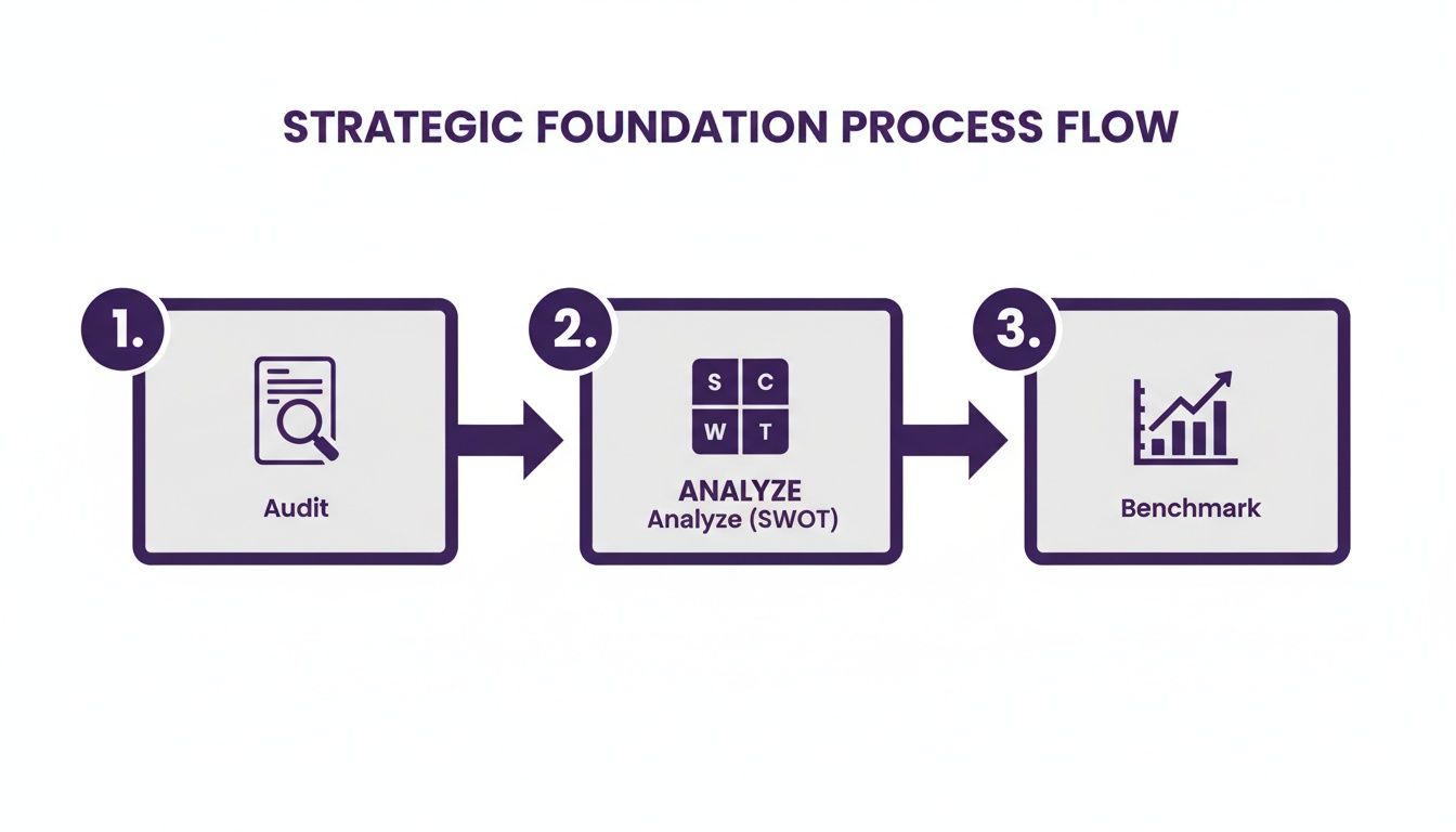 Flowchart illustrating a strategic foundation process with steps: Audit, Analyze (SWOT), and Benchmark.