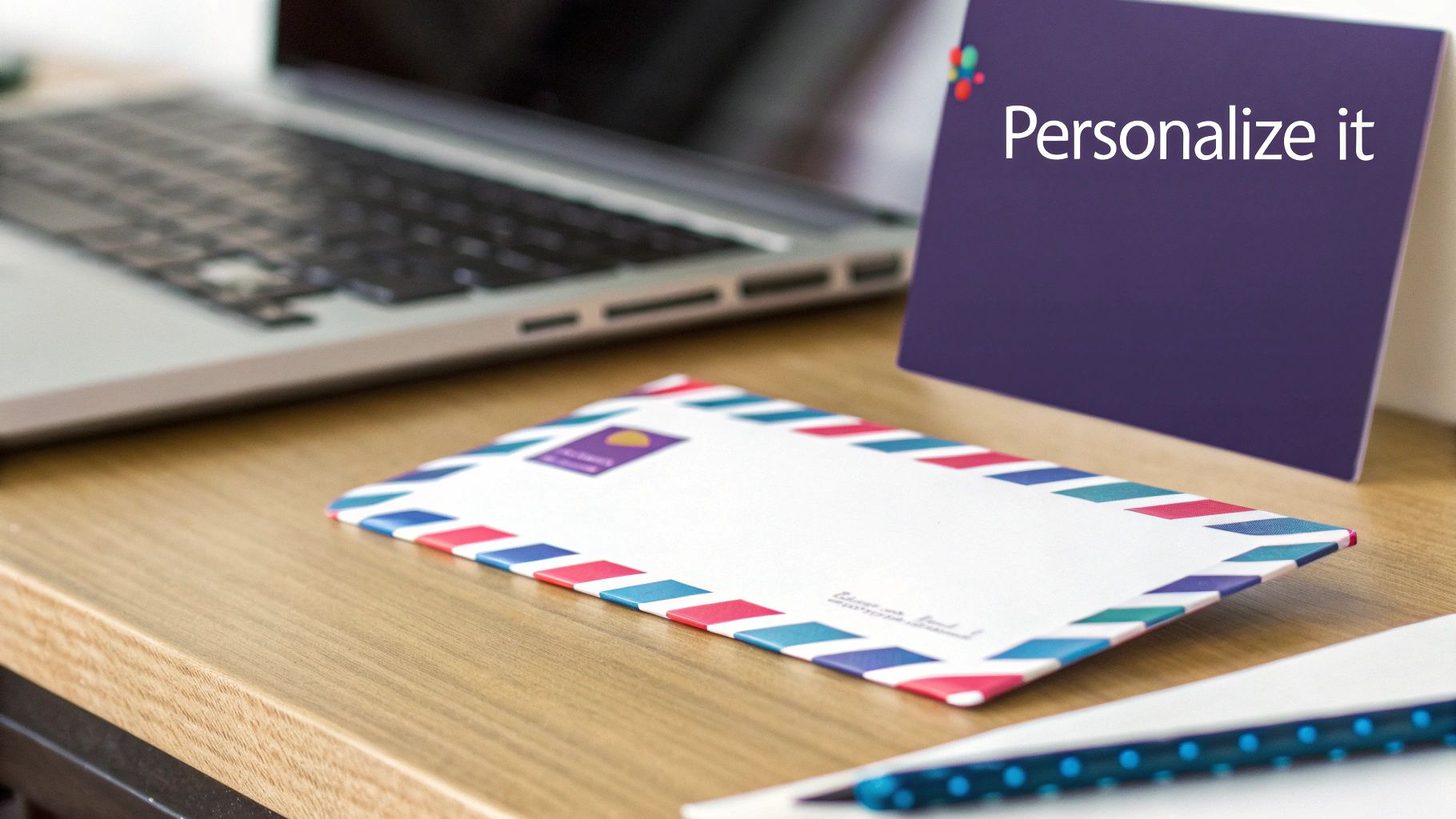 A desk setup with a laptop, an airmail envelope, a purple "Personalize it" card, and a pen.