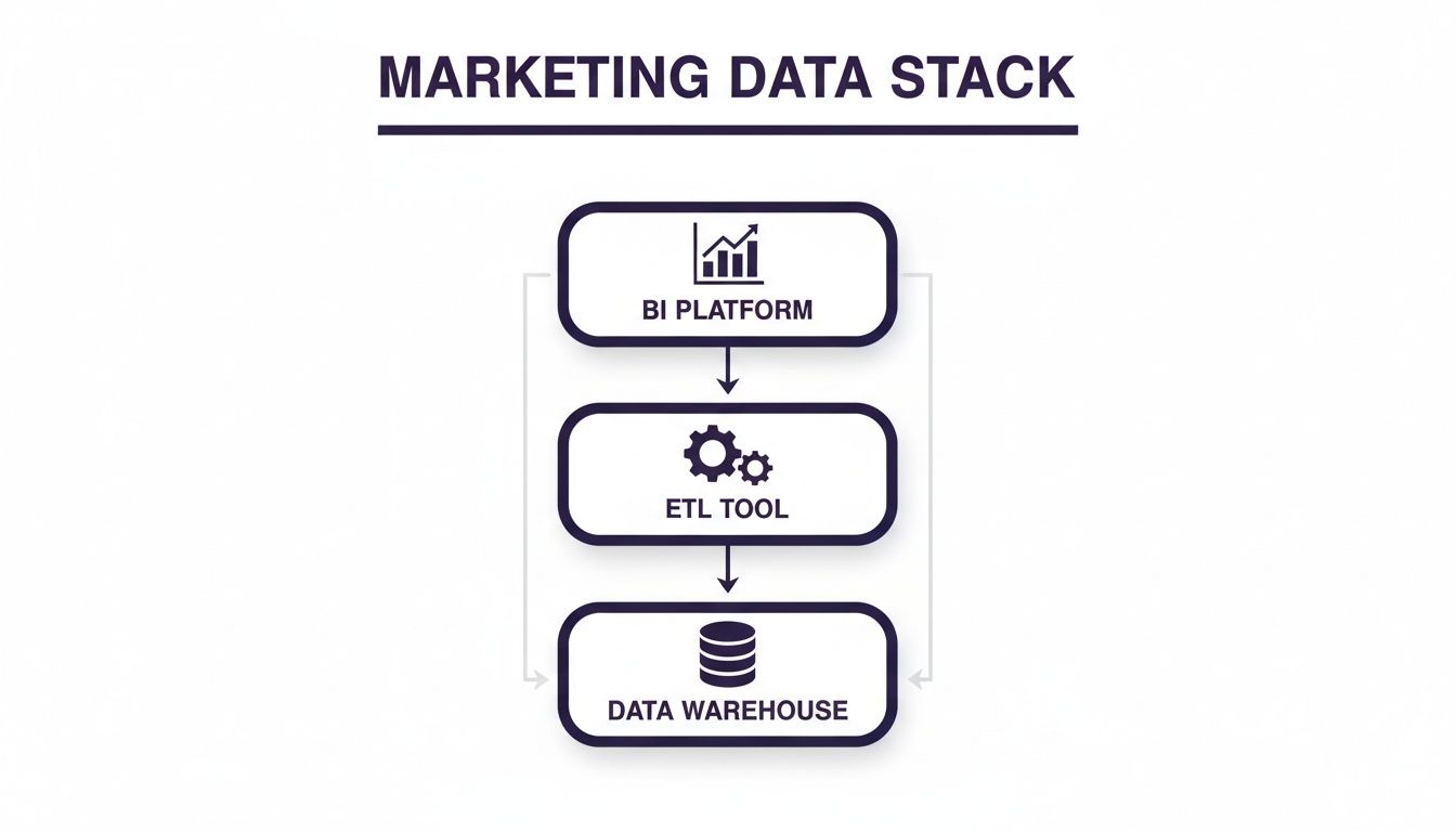 Diagram illustrating a marketing data stack, showing BI Platform, ETL Tool, and Data Warehouse components.