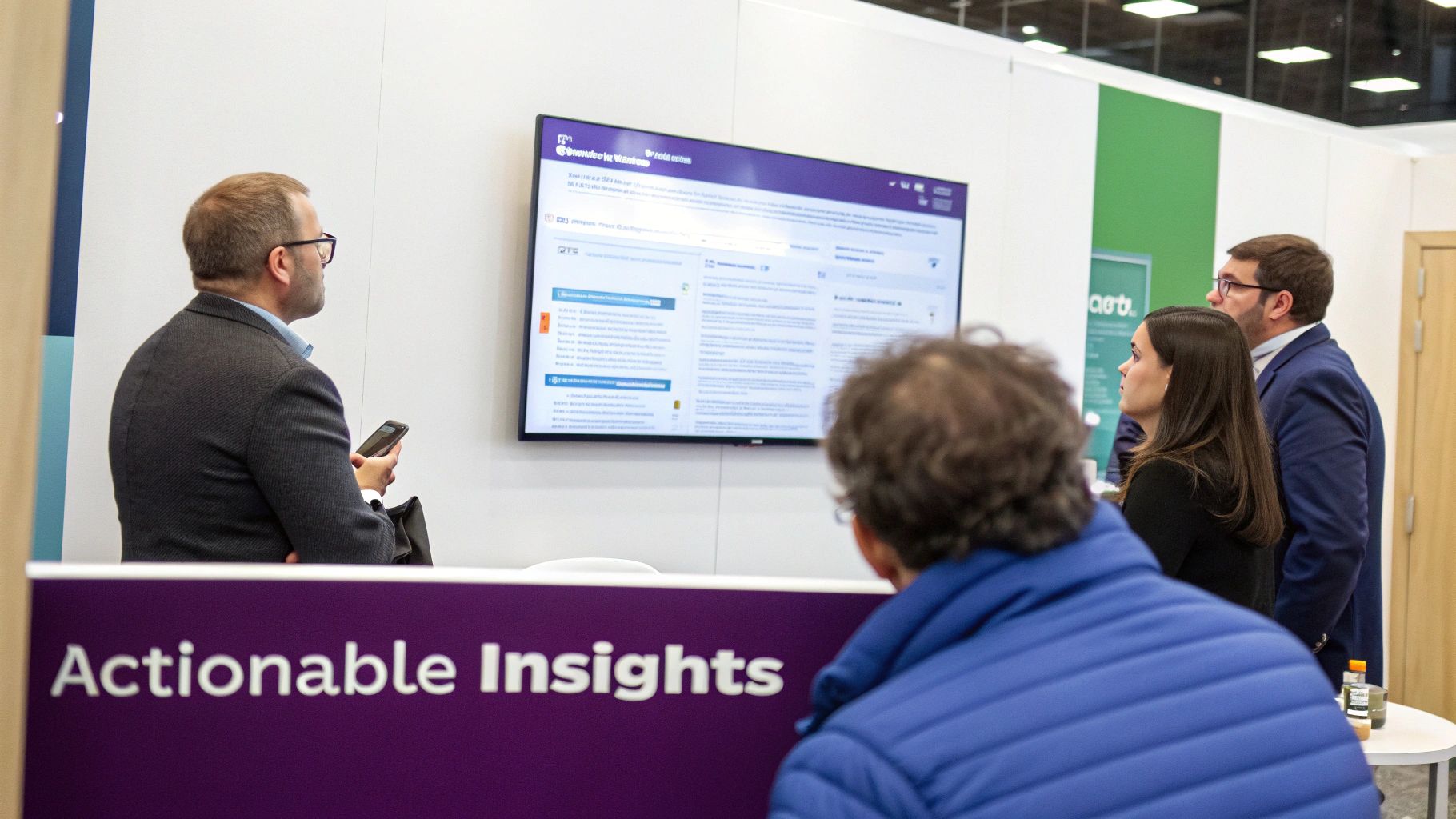 A person looking at a dynamic dashboard with glowing charts and graphs, representing actionable insights.