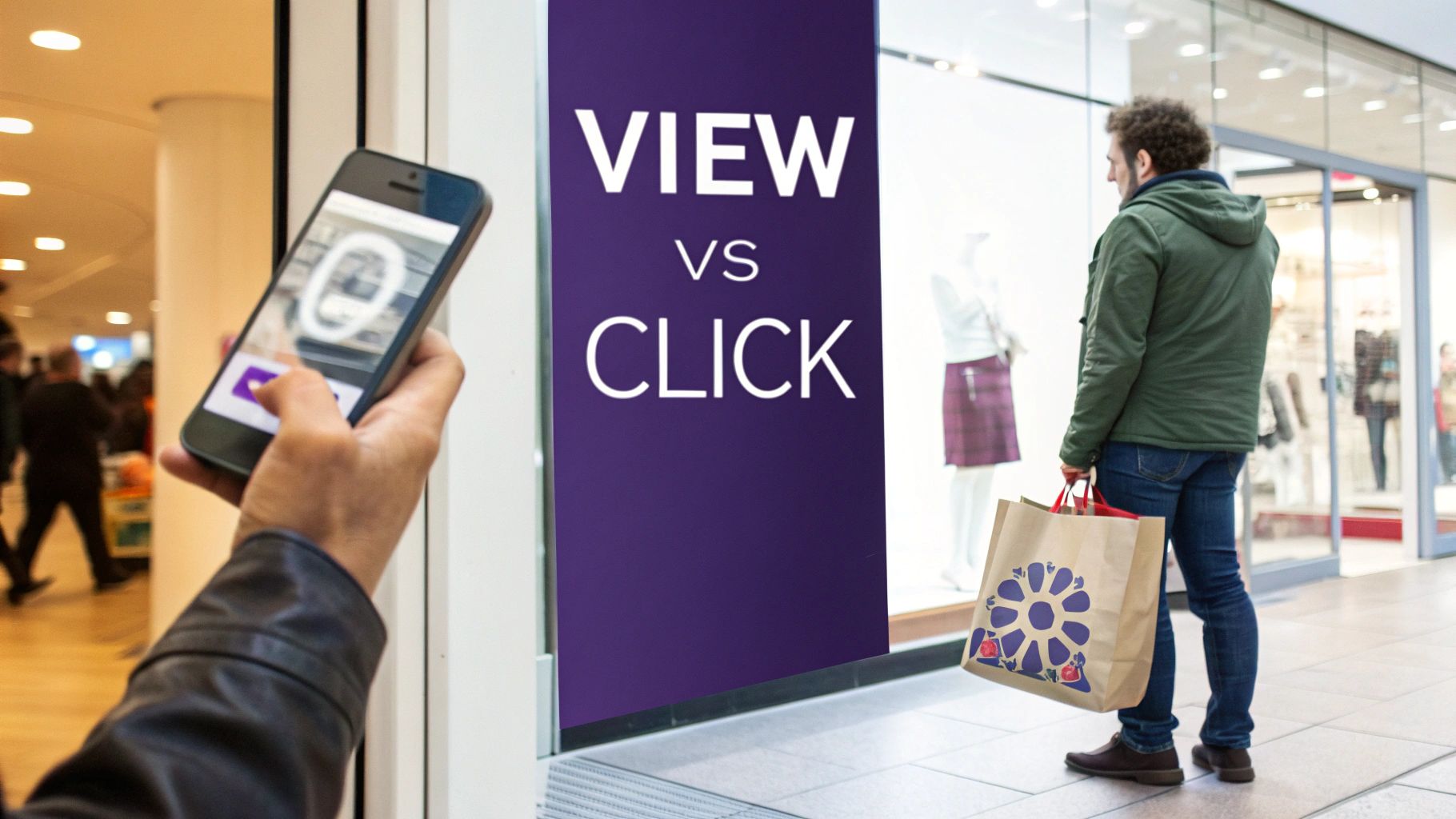 A person uses a smartphone in a mall while another person looks at a store window with a 'VIEW vs CLICK' sign.