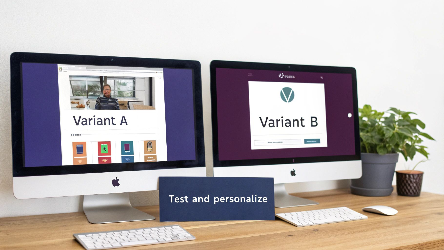Two computer monitors display 'Variant A' and 'Variant B' for A/B testing, with a sign 'Test and personalize' on a wooden desk.
