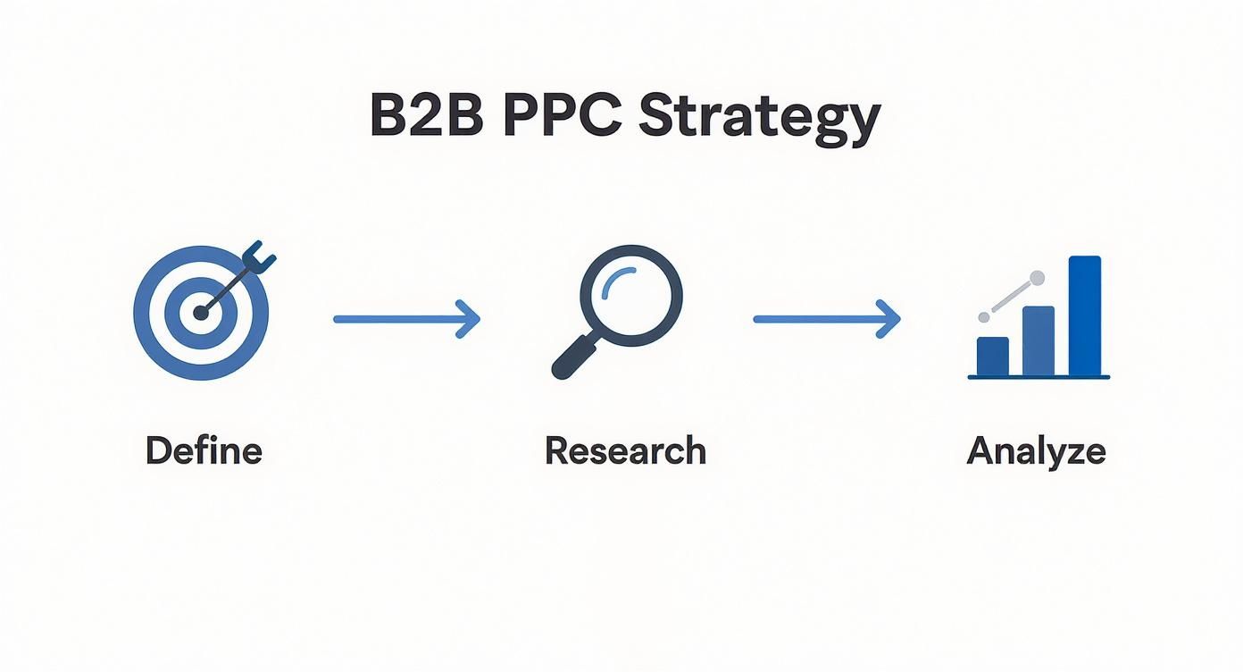 Visual diagram outlining the B2B PPC strategy process: Define, Research, and Analyze steps.
