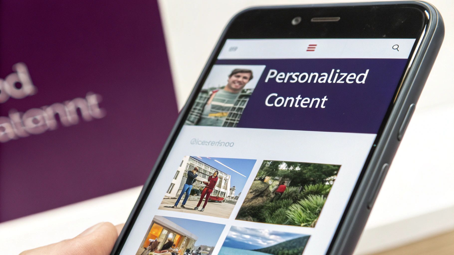 A smartphone displays a webpage titled "Personalized Content" with a user profile and image gallery.