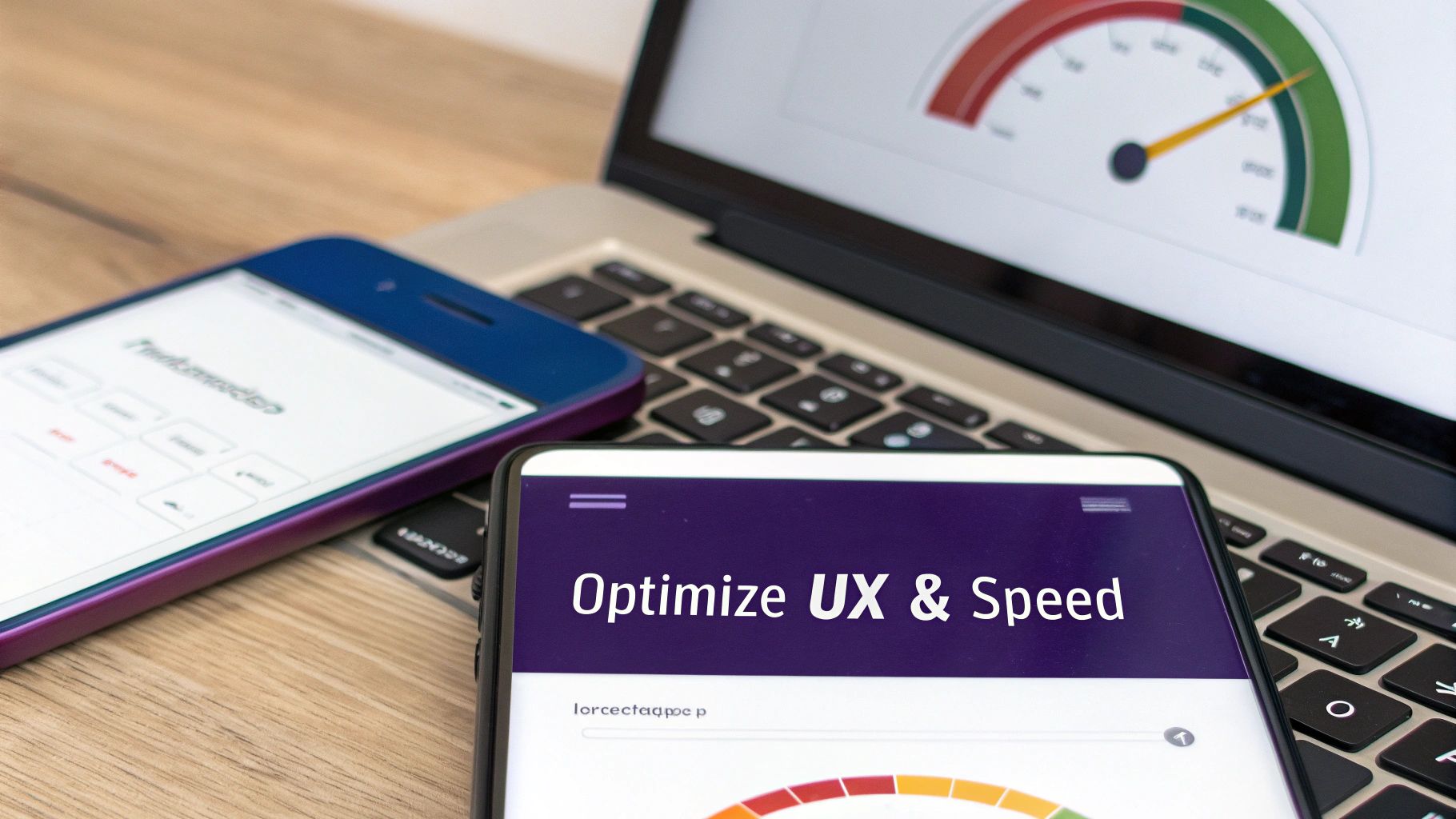 Smartphones and a laptop displaying website speed and UX optimization metrics for improved conversion.