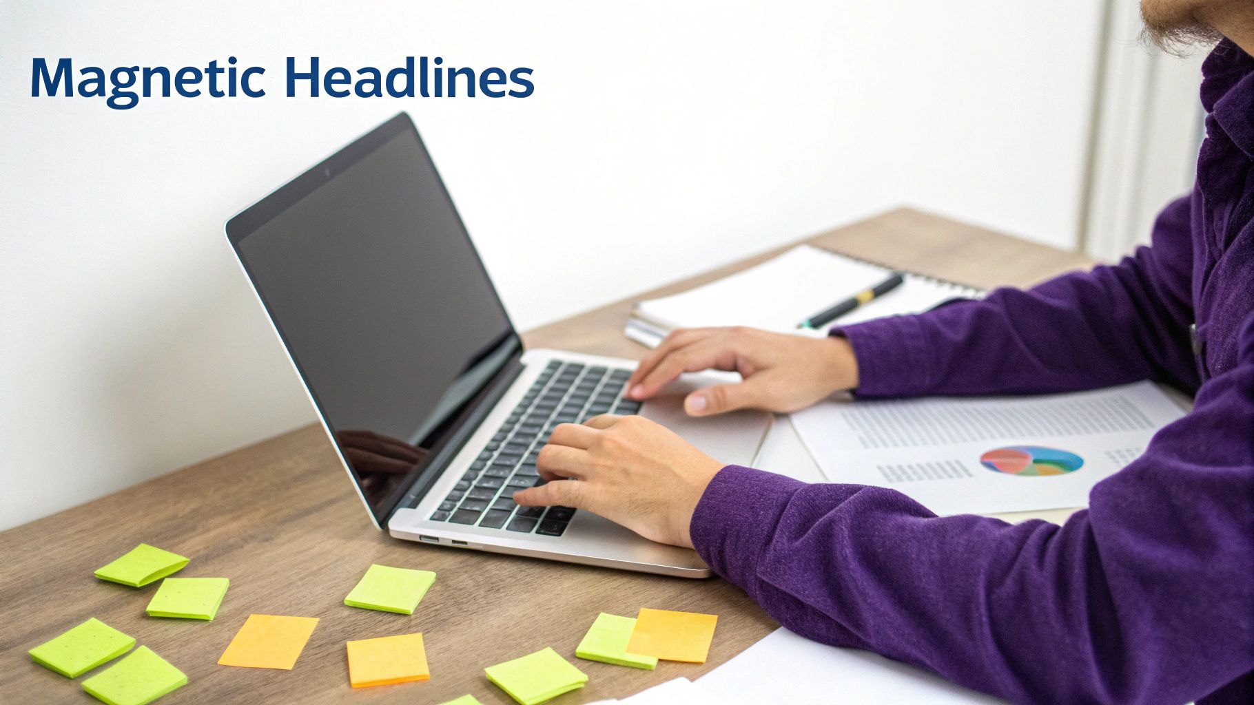 A person in a purple hoodie typing on a silver laptop on a wooden desk with sticky notes.