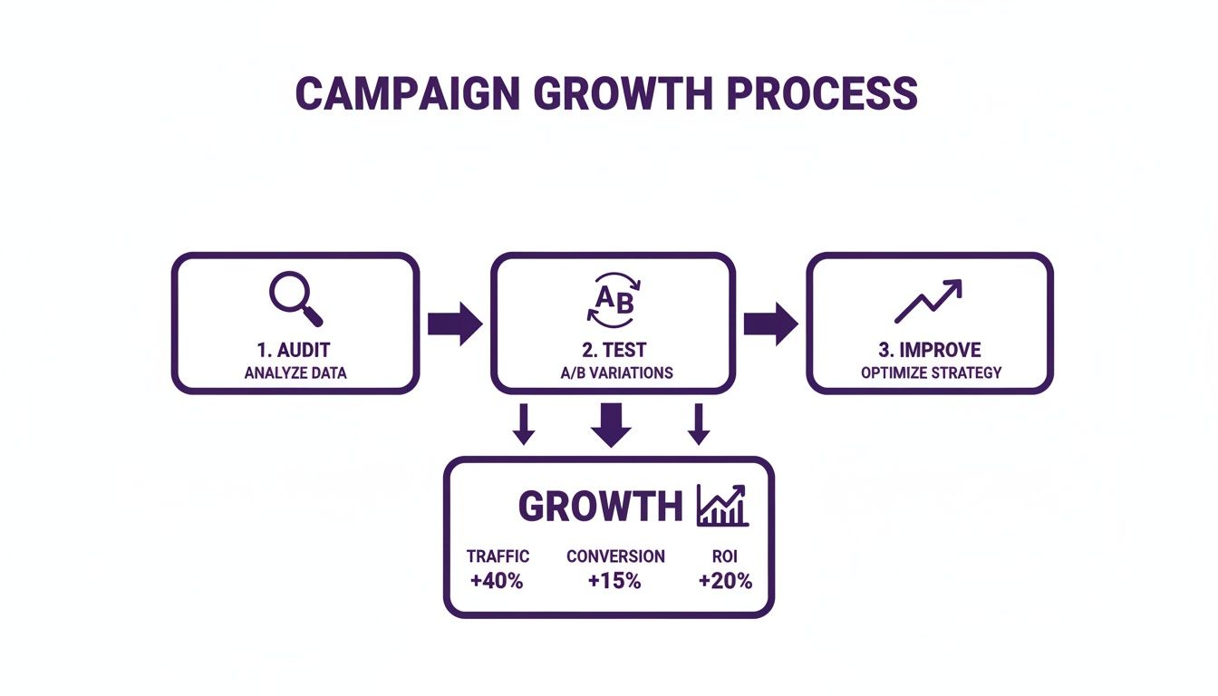 Diagram illustrating a campaign growth process with steps: audit, test A/B variations, and improve strategy for growth.