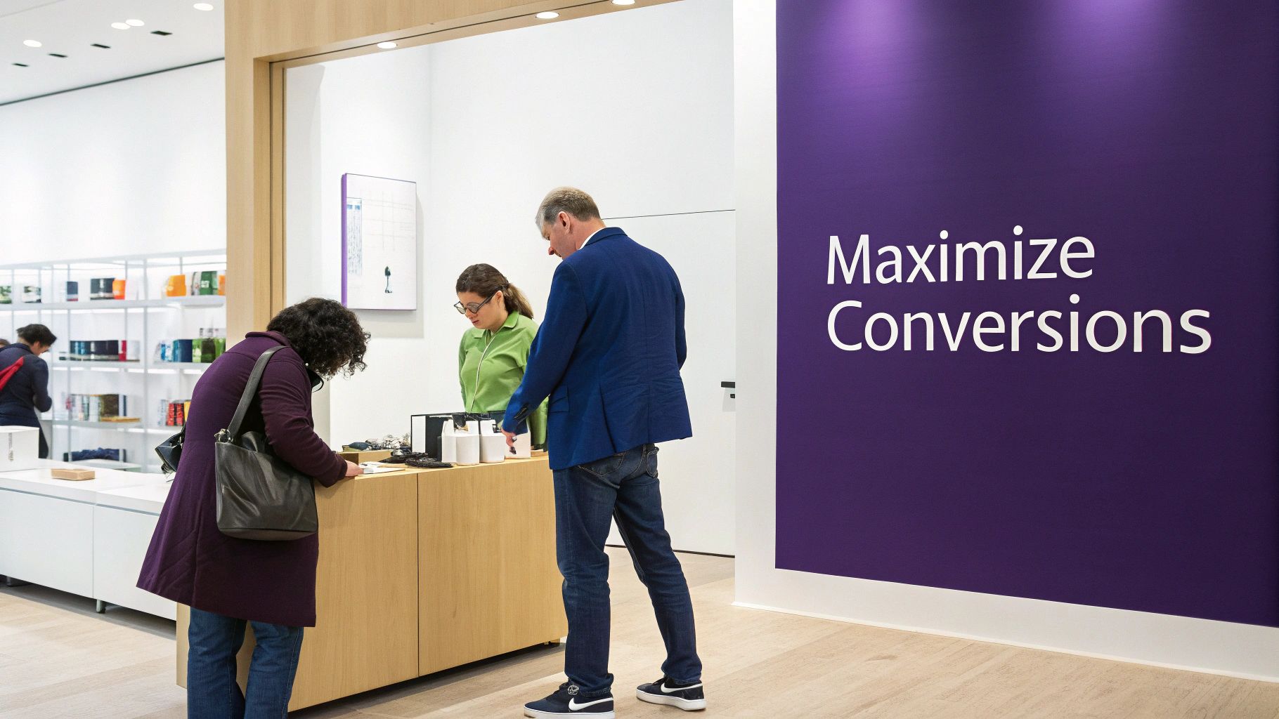 People interact at a modern retail counter with a large purple sign stating 'Maximize Conversions'.