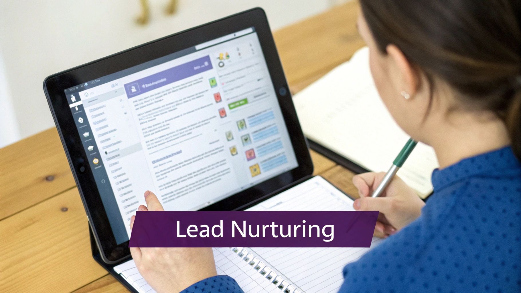 Professional woman using tablet for lead nurturing and reviewing customer data on paper
