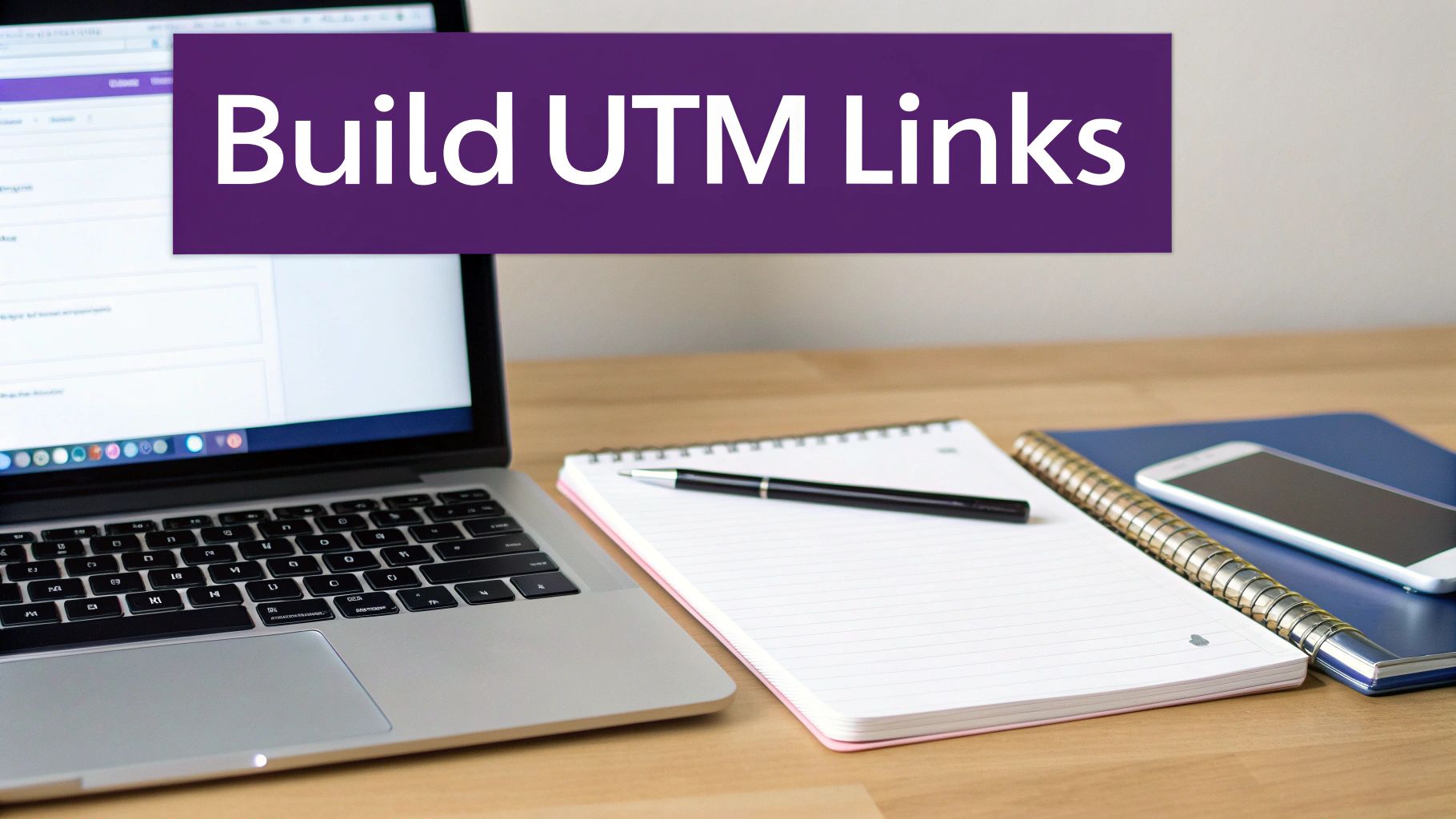 A workspace scene with a laptop, notebook, pen, and smartphone, featuring a banner 'Build UTM Links'.
