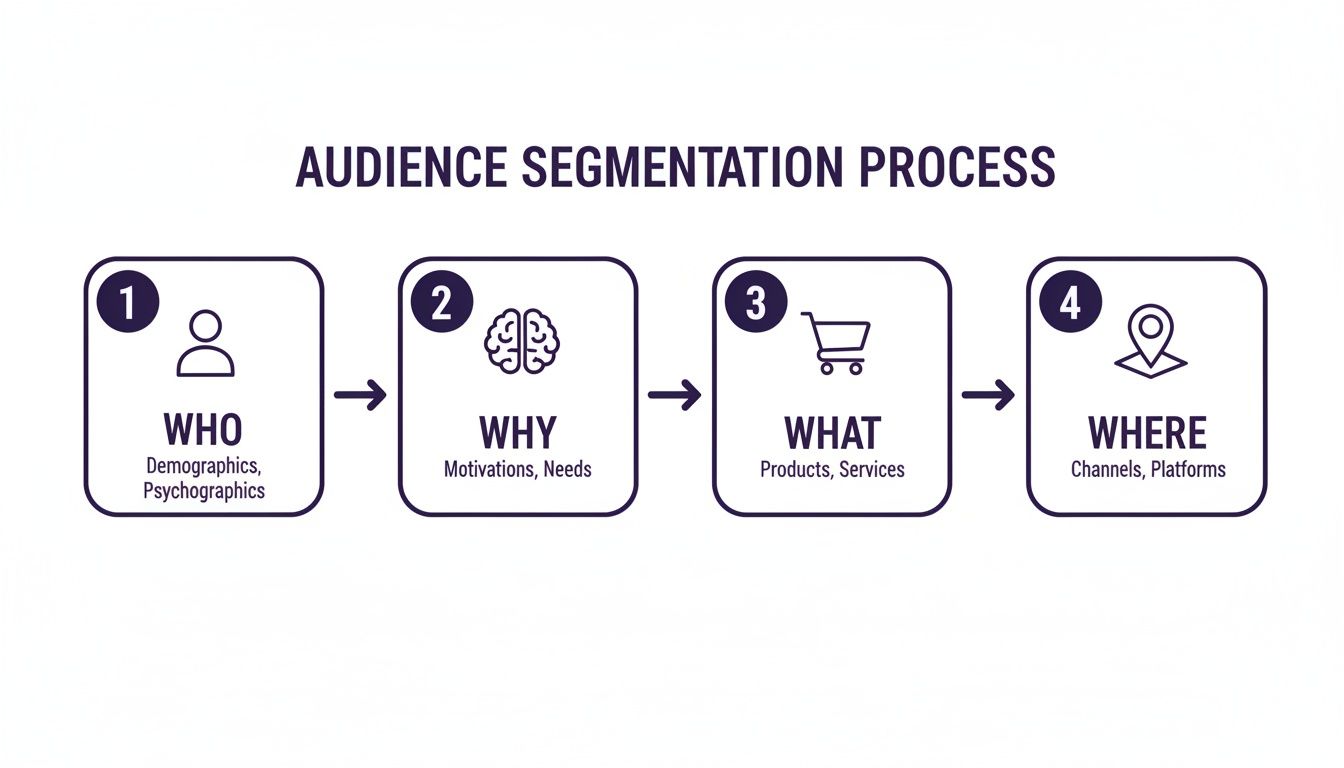 A 4-step flowchart illustrating the audience segmentation process: WHO, WHY, WHAT, WHERE.