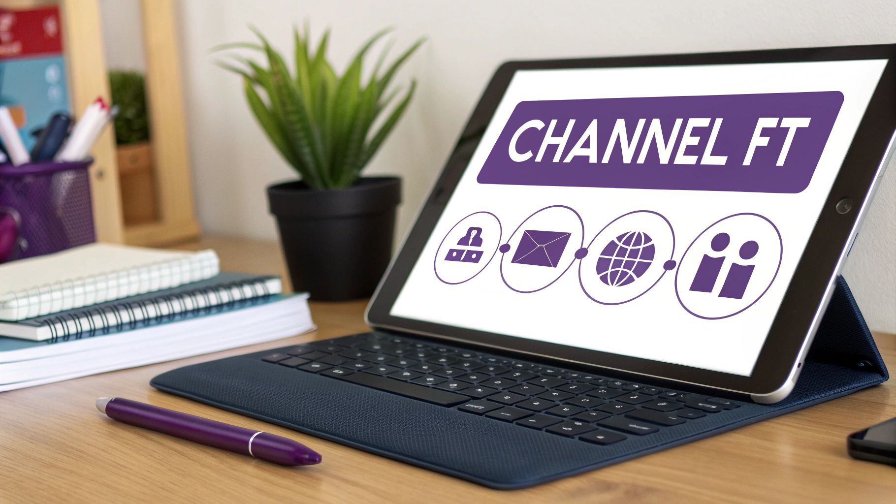 A tablet displays 'CHANNEL FT' with icons for security, email, global, and community on a desk.