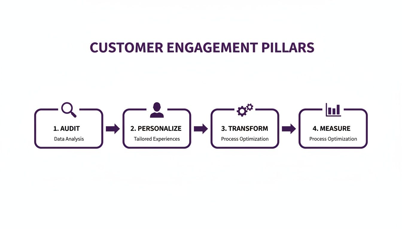 A diagram outlining the four customer engagement pillars: Audit, Personalize, Transform, and Measure.