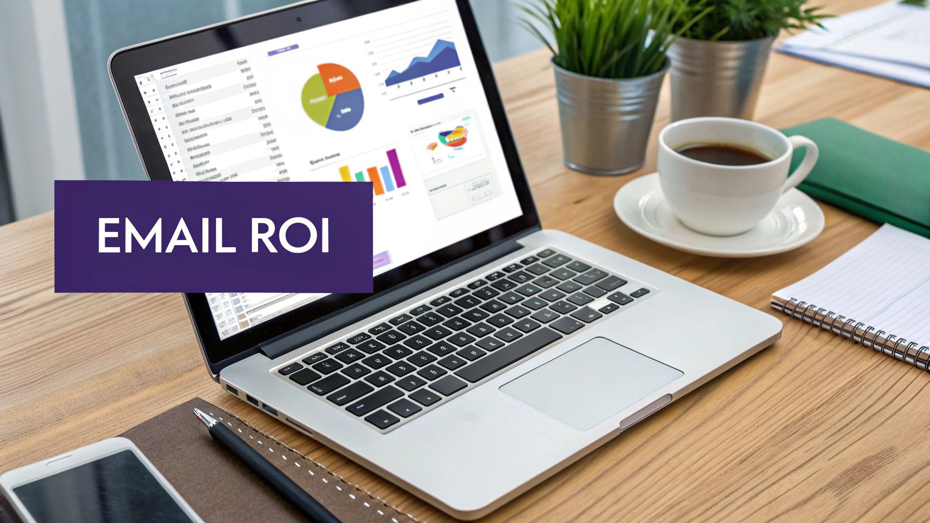 Laptop screen displaying charts and graphs with a prominent 'EMAIL ROI' text overlay on a wooden desk with coffee.