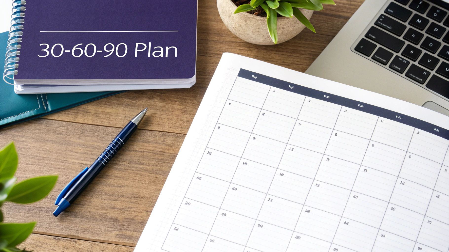 A desk with a 30-60-90 Plan notebook, calendar, pen, laptop, and a small plant.