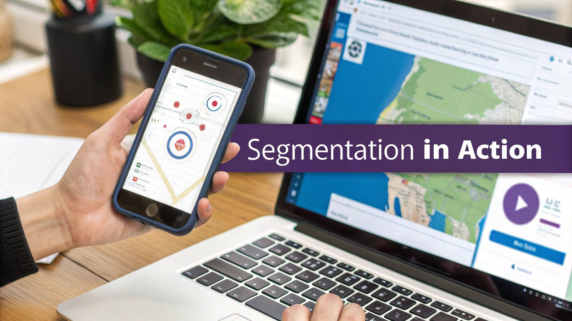 A person holds a smartphone displaying data segmentation, while typing on a laptop showing a map and 'Segmentation in Action' banner.