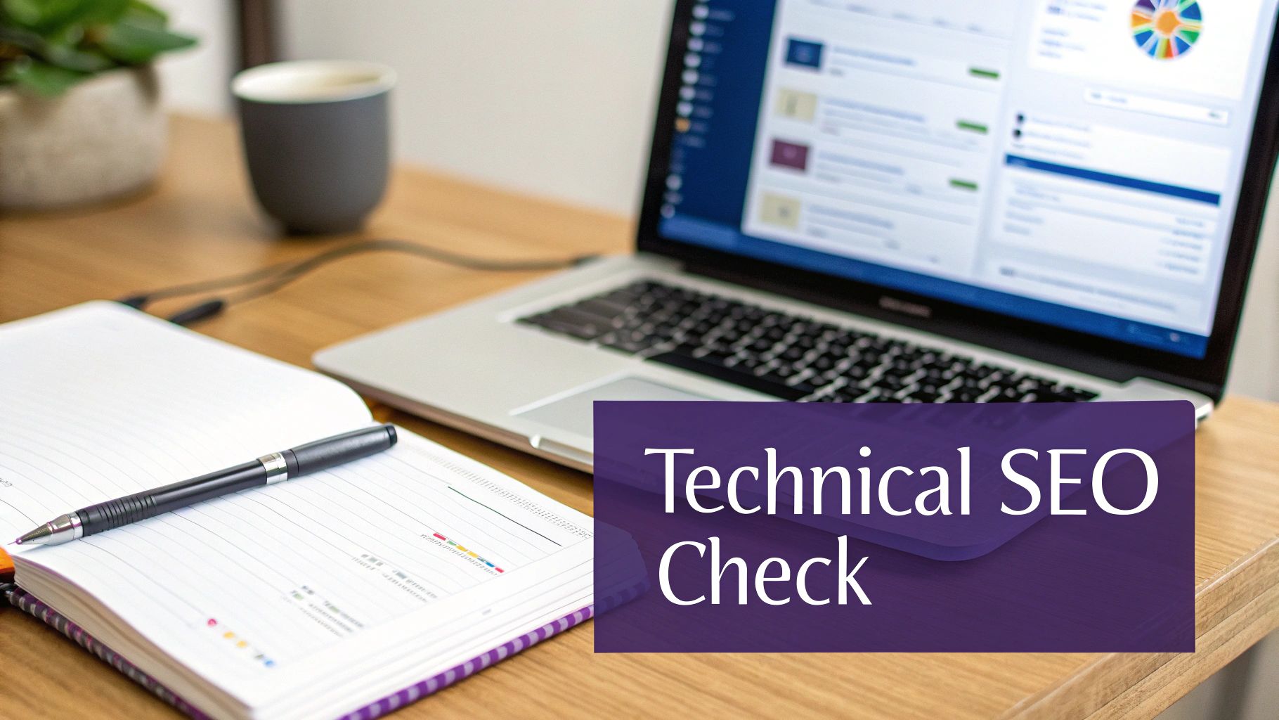 A desk setup with a laptop showing analytics, an open notebook, and a pen, with a 'Technical SEO Check' overlay.