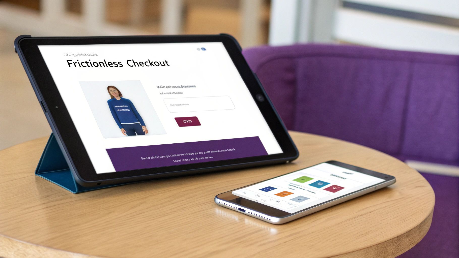 A tablet and smartphone on a wooden table, displaying e-commerce checkout and app interfaces.