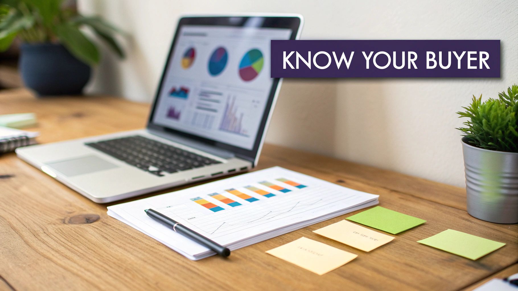 Desk with a laptop showing marketing data, charts, a report, and 'KNOW YOUR BUYER' text.