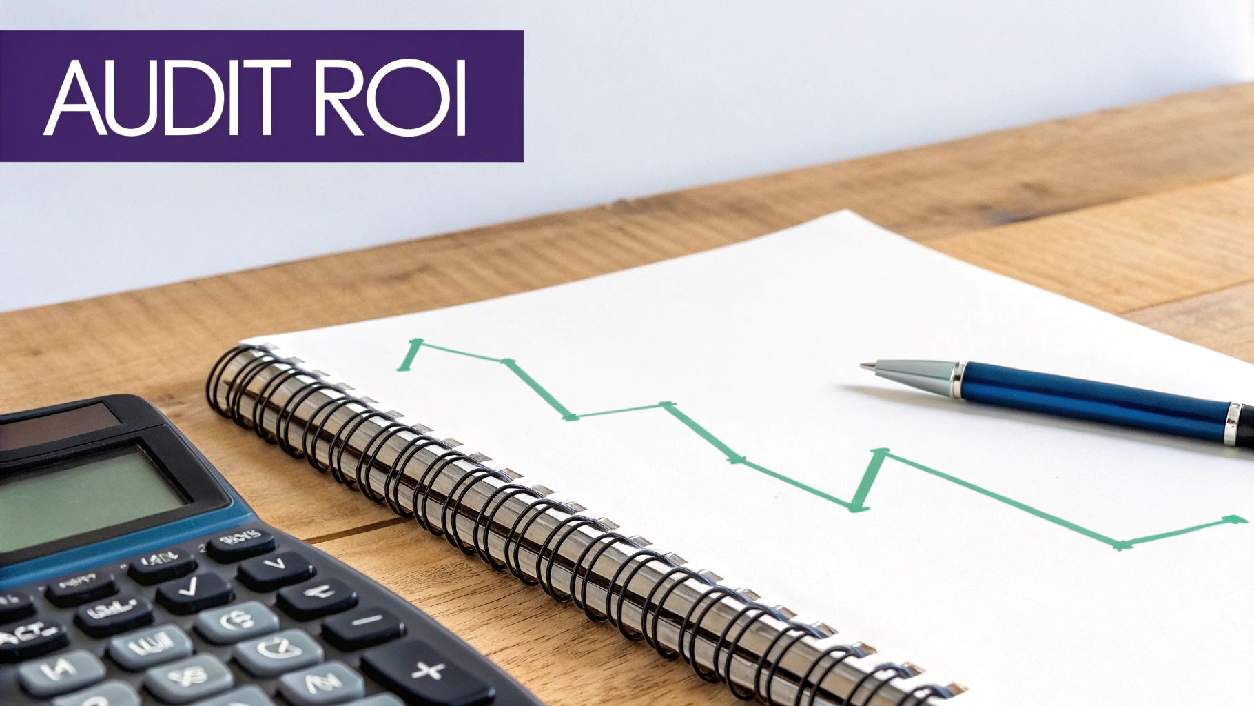 A calculator, notebook with a financial graph, and a pen on a wooden desk, with "AUDIT ROI" banner.