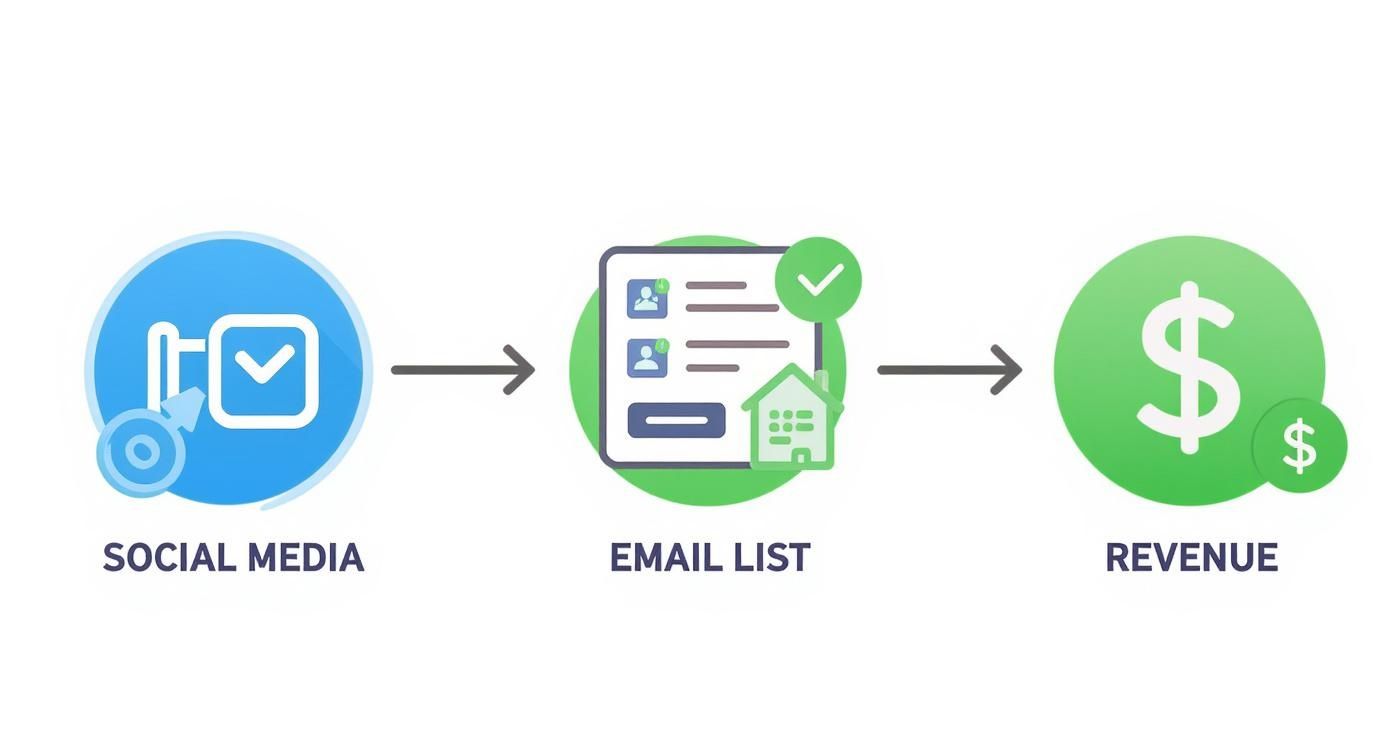 Visual representation of a marketing funnel: Social Media leading to an Email List, generating Revenue.