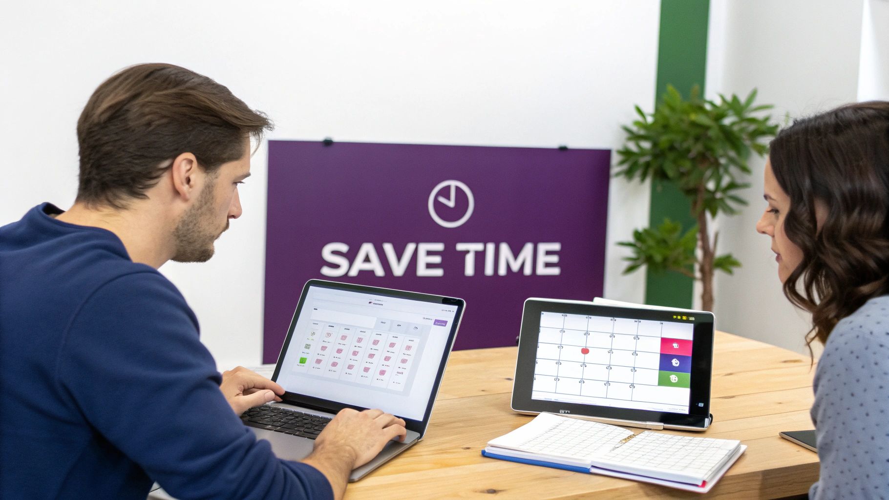 Two colleagues use a laptop and tablet with calendar apps, promoting 'Save Time' in a modern office.