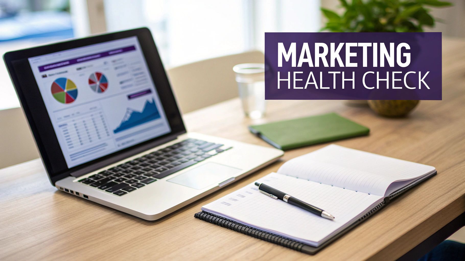 Laptop displaying marketing health check data charts, graphs, a notebook, and pen on a wooden desk.