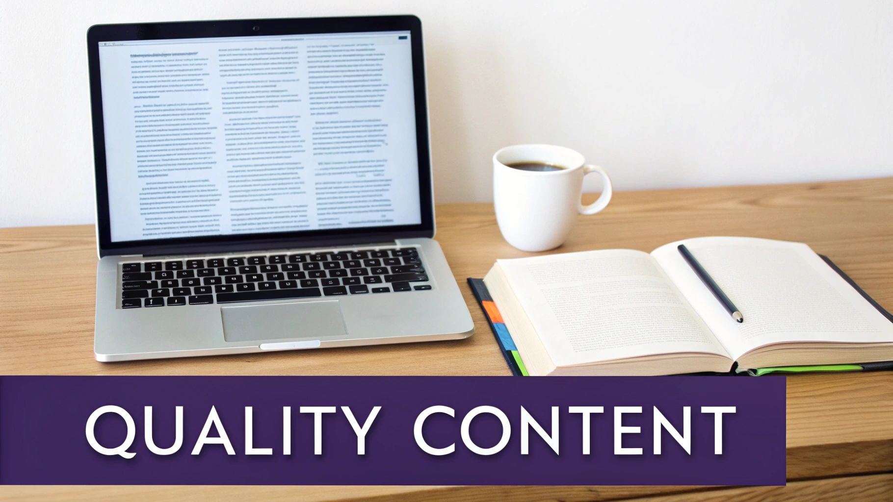 A silver laptop, a coffee mug, and an open book with a pencil on a wooden desk, emphasizing quality content.