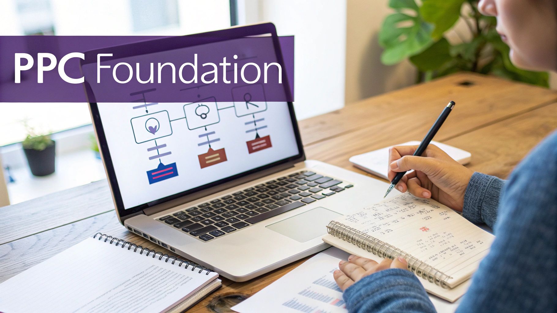 Person studying 'PPC Foundation' on a laptop, taking notes with a pen and notebook.