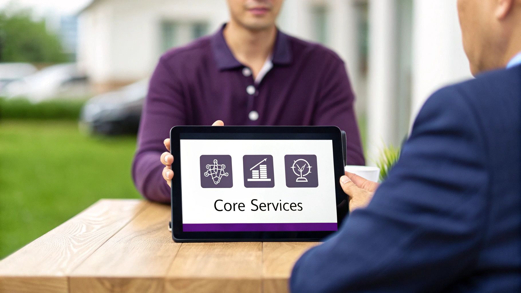 A person presents core business services on a tablet with icons for technology, growth, and strategy.