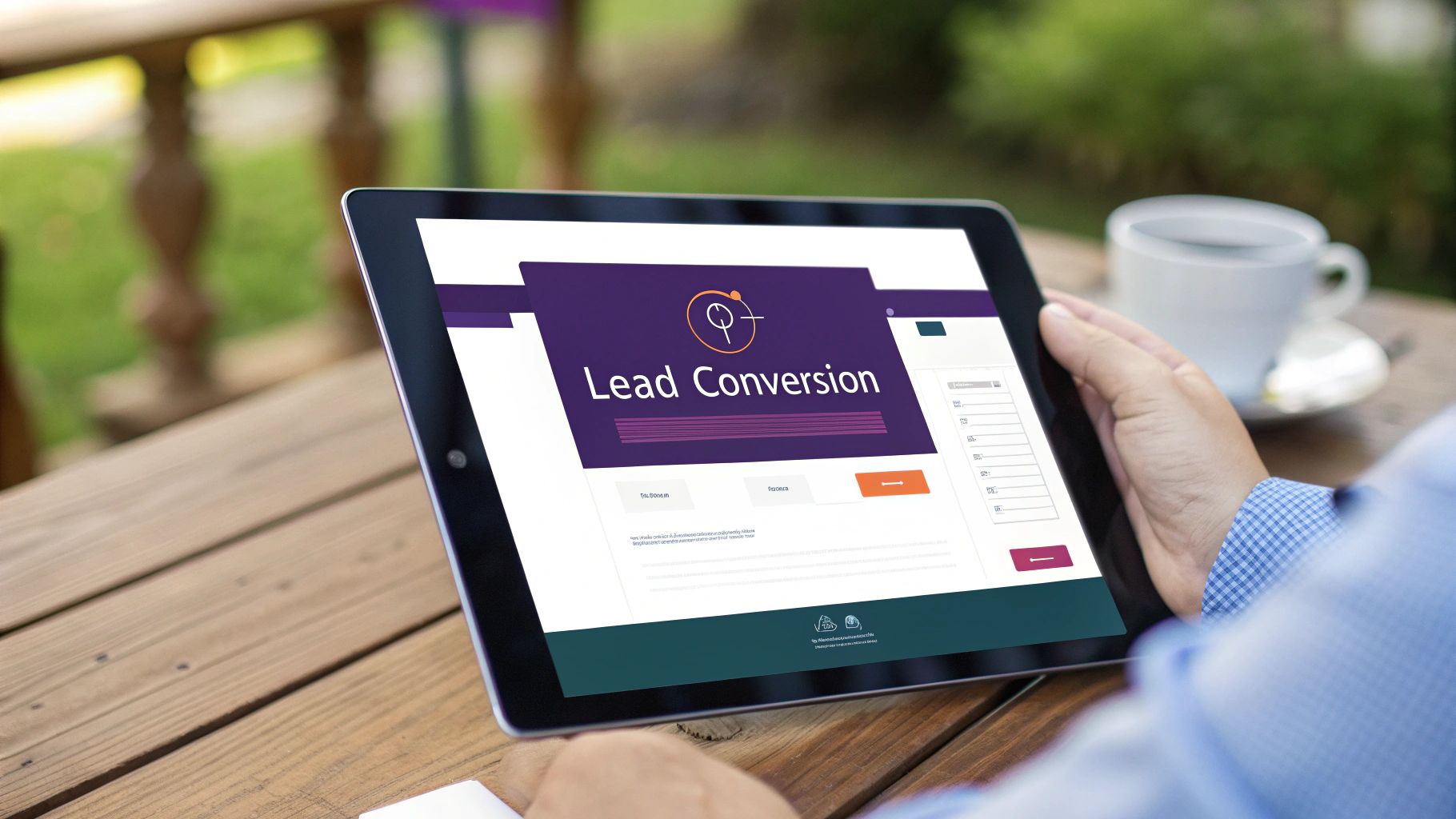 An analyst points to a conversion funnel chart on a large screen during a team meeting, illustrating lead flow.