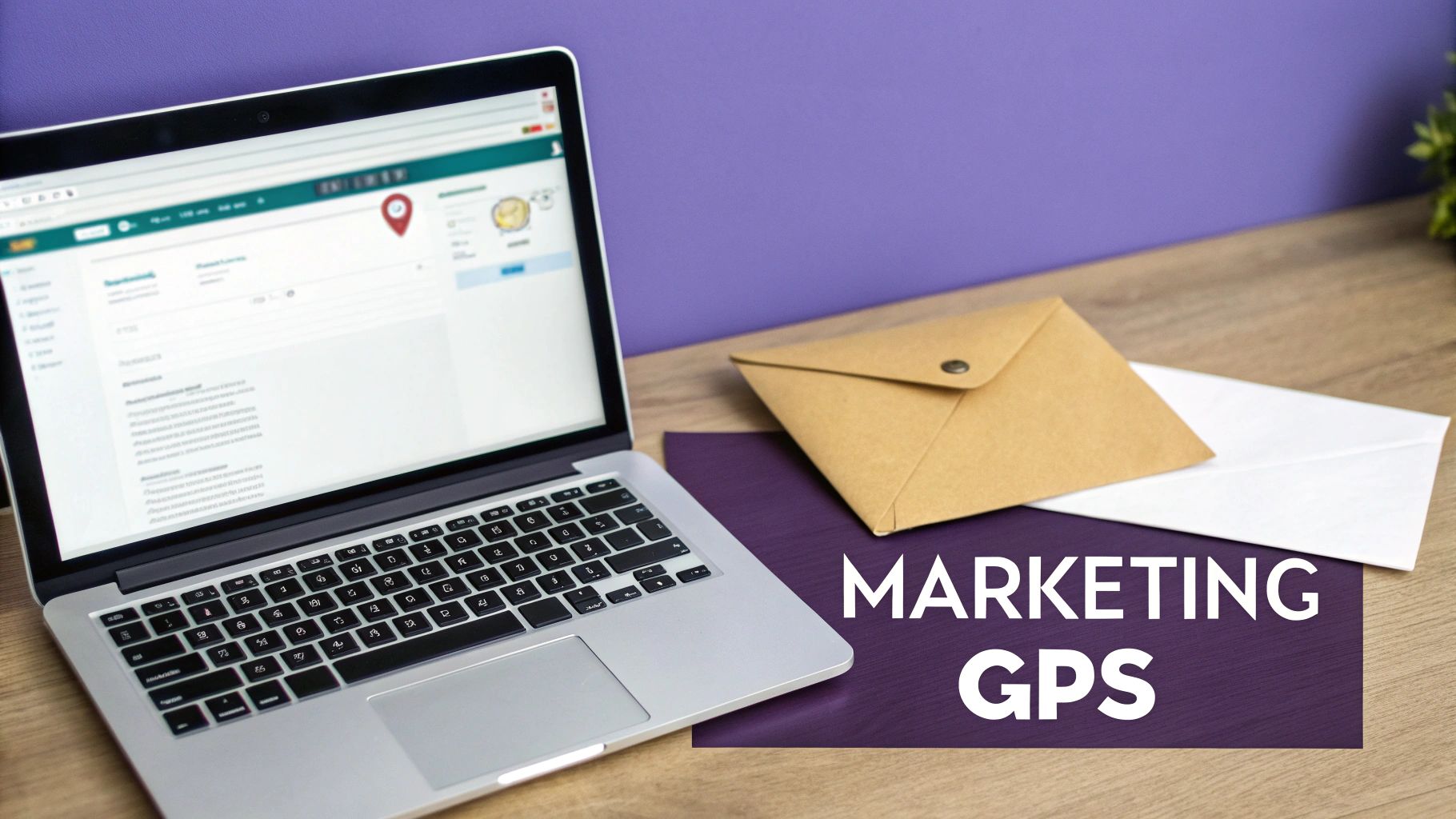 A laptop displaying a web interface with a location pin icon, envelopes, and 'MARKETING GPS' text on a desk.