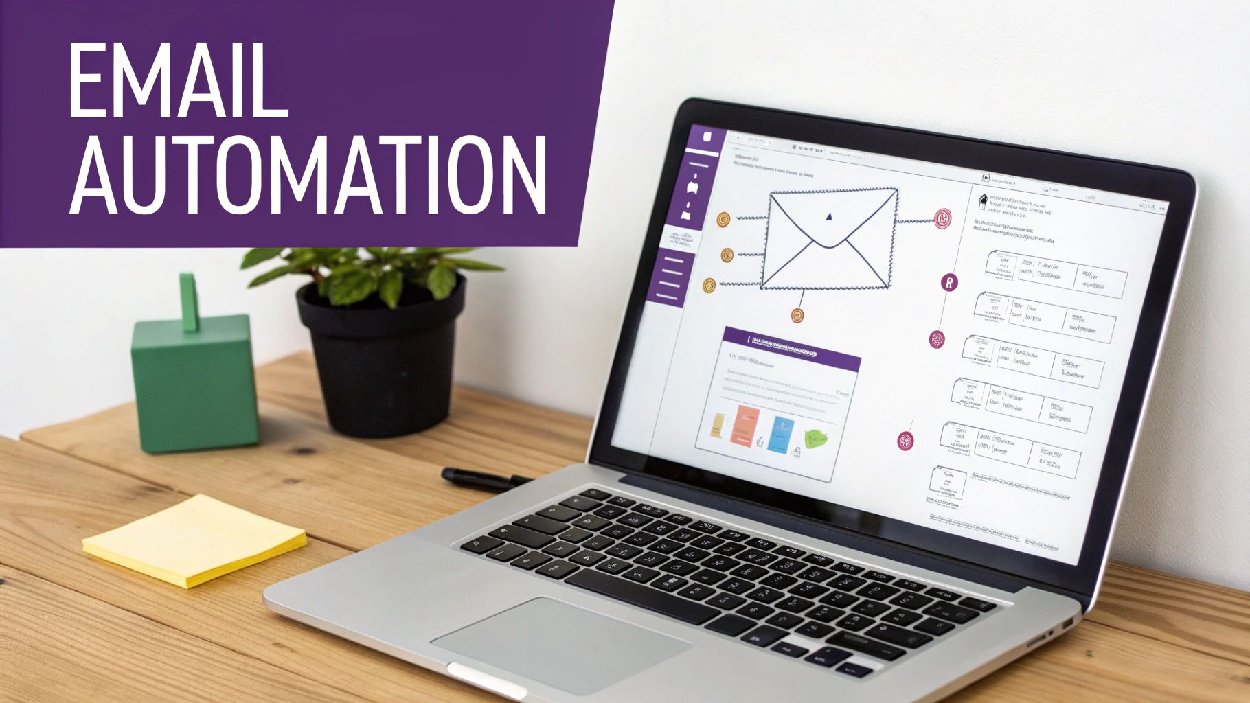 Laptop on a wooden desk showing an email automation workflow diagram with a purple 'EMAIL AUTOMATION' banner.
