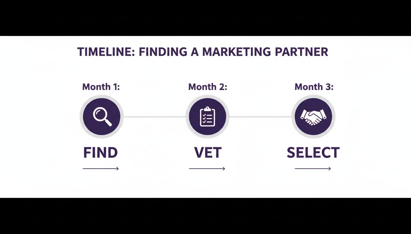 Timeline showing three steps to find a marketing partner: Month 1 Find, Month 2 Vet, Month 3 Select.